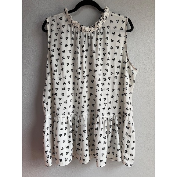 LOFT Tops - Loft Plus Womens 18 Plus White Black Heart Print Ruffle Neck Tie Back Blouse